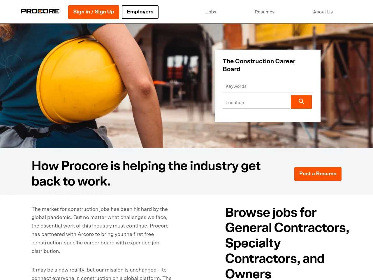 Procore Construction Job Board job board platform screenshot showing job search interface
