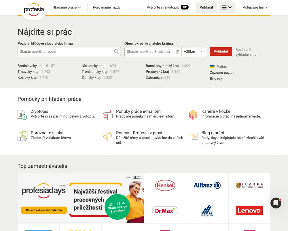PROFESIA.SK job board platform screenshot showing job search interface