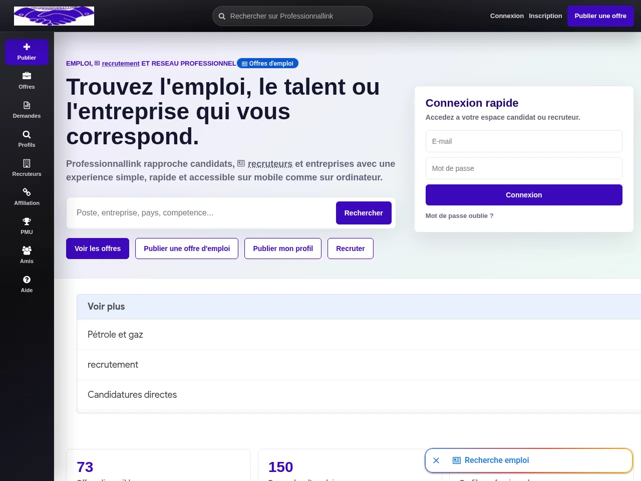 Professionnallink job board platform screenshot showing job search interface