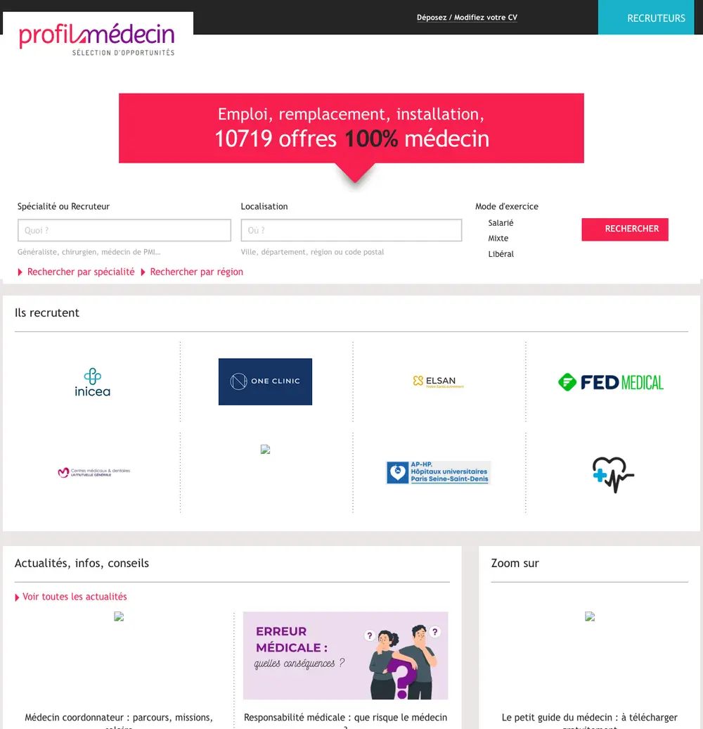 Profil Médecin job board platform screenshot showing job search interface