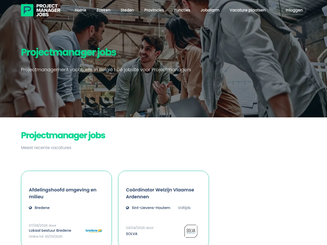 Projectmanagerjobs.be job board platform screenshot showing job search interface