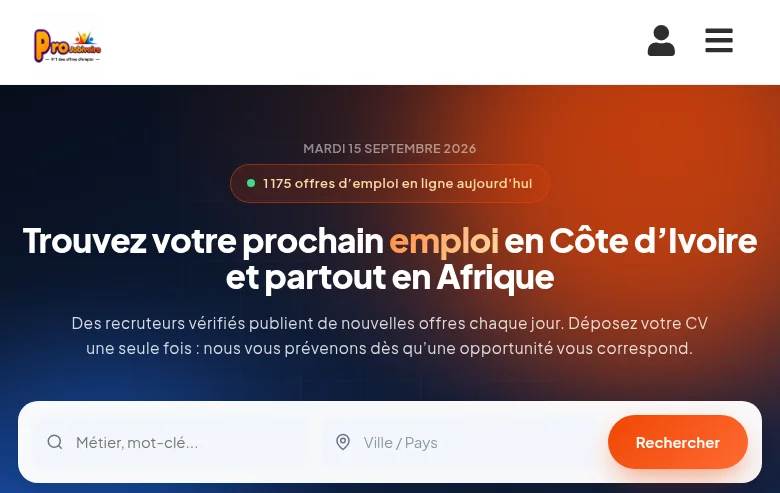 Projobivoire job board platform screenshot showing job search interface