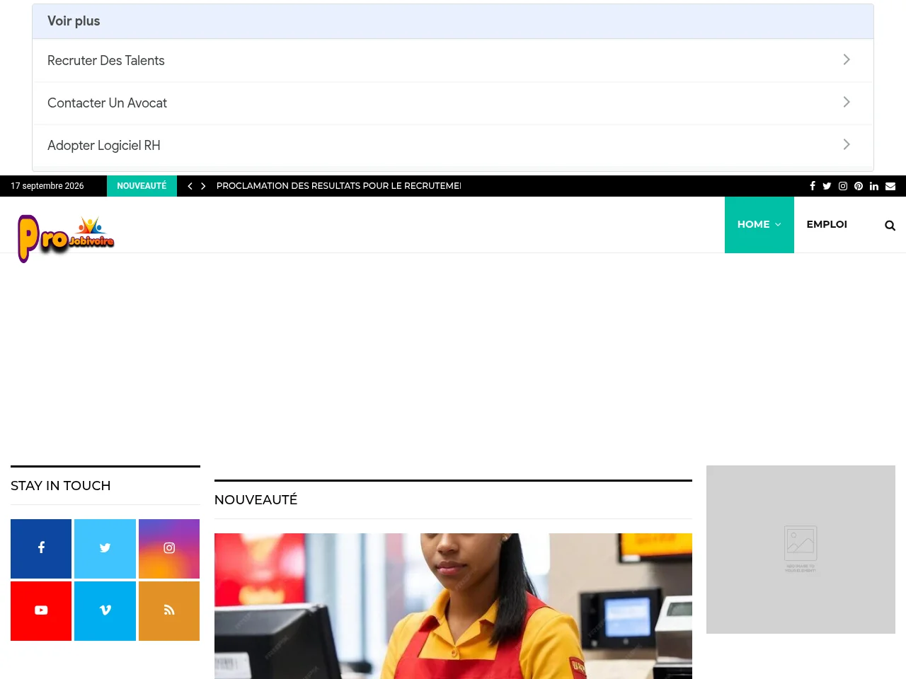 Projobivoire job board platform screenshot showing job search interface