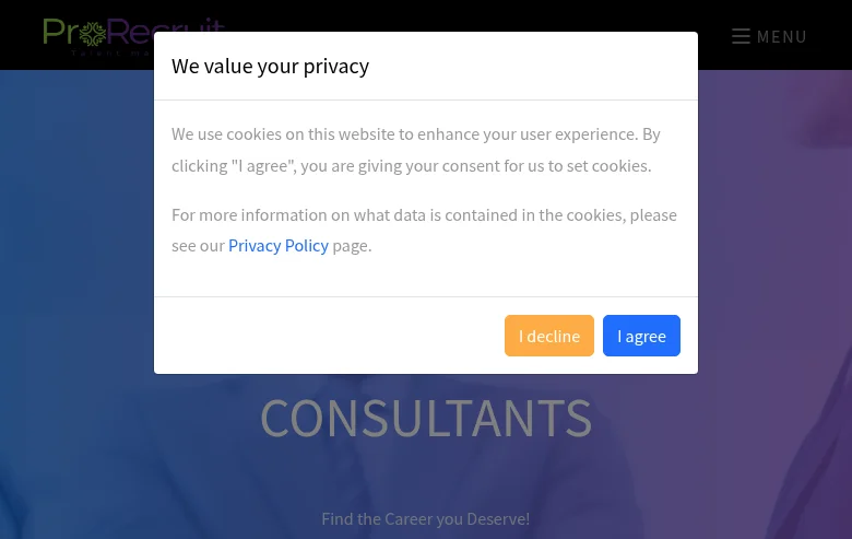 Prorecruit Consultants job board platform screenshot showing job search interface