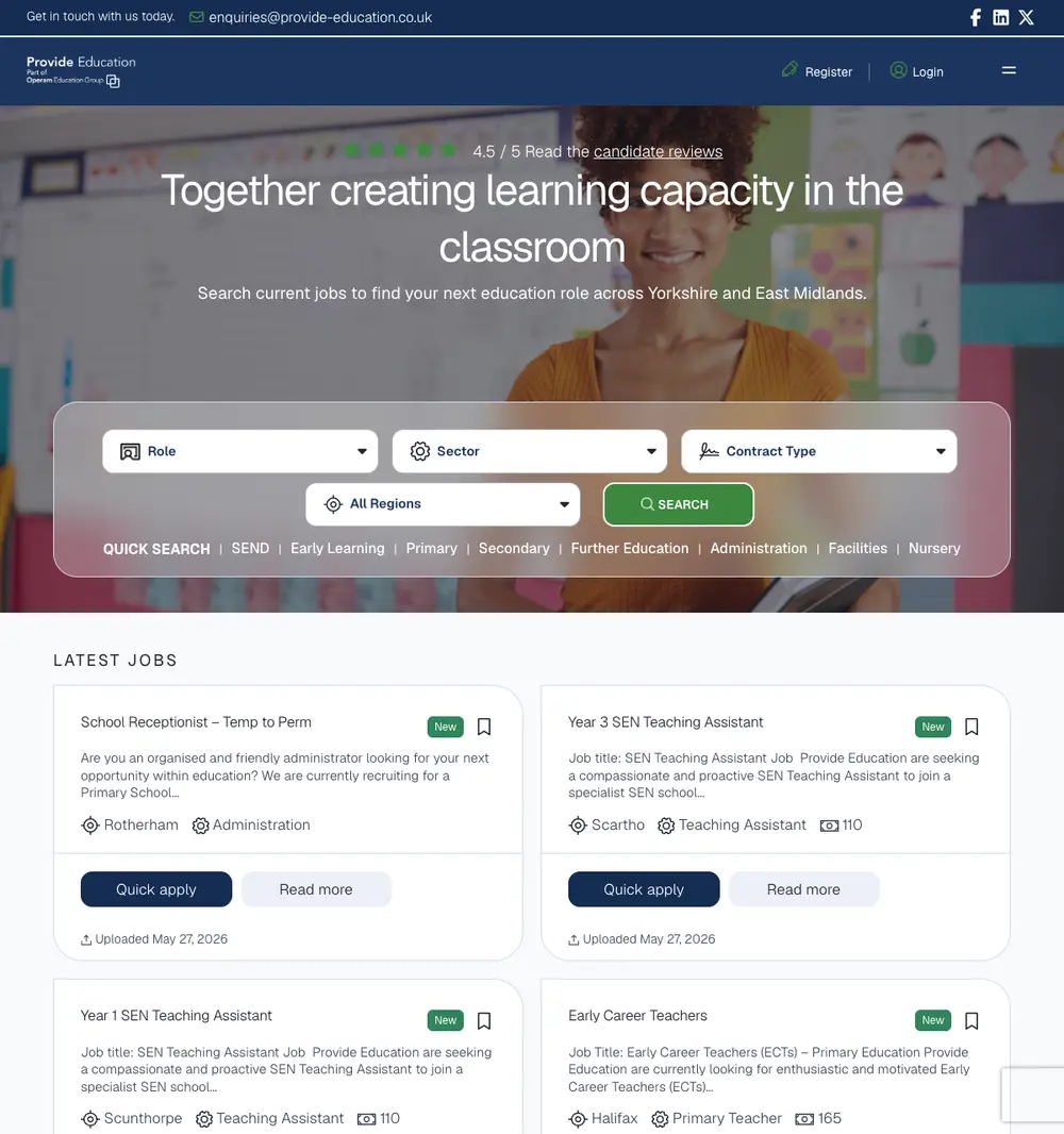 Provide Education job board platform screenshot showing job search interface