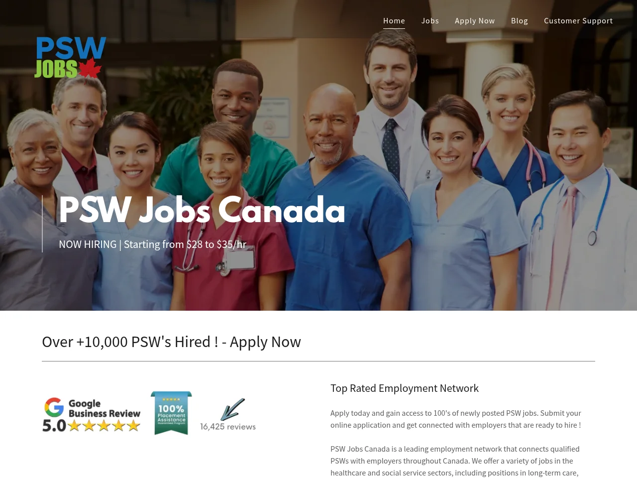 PSW Jobs Canada job board platform screenshot showing job search interface