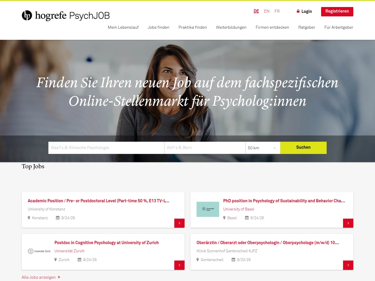 PsychJOB.ch job board platform screenshot showing job search interface