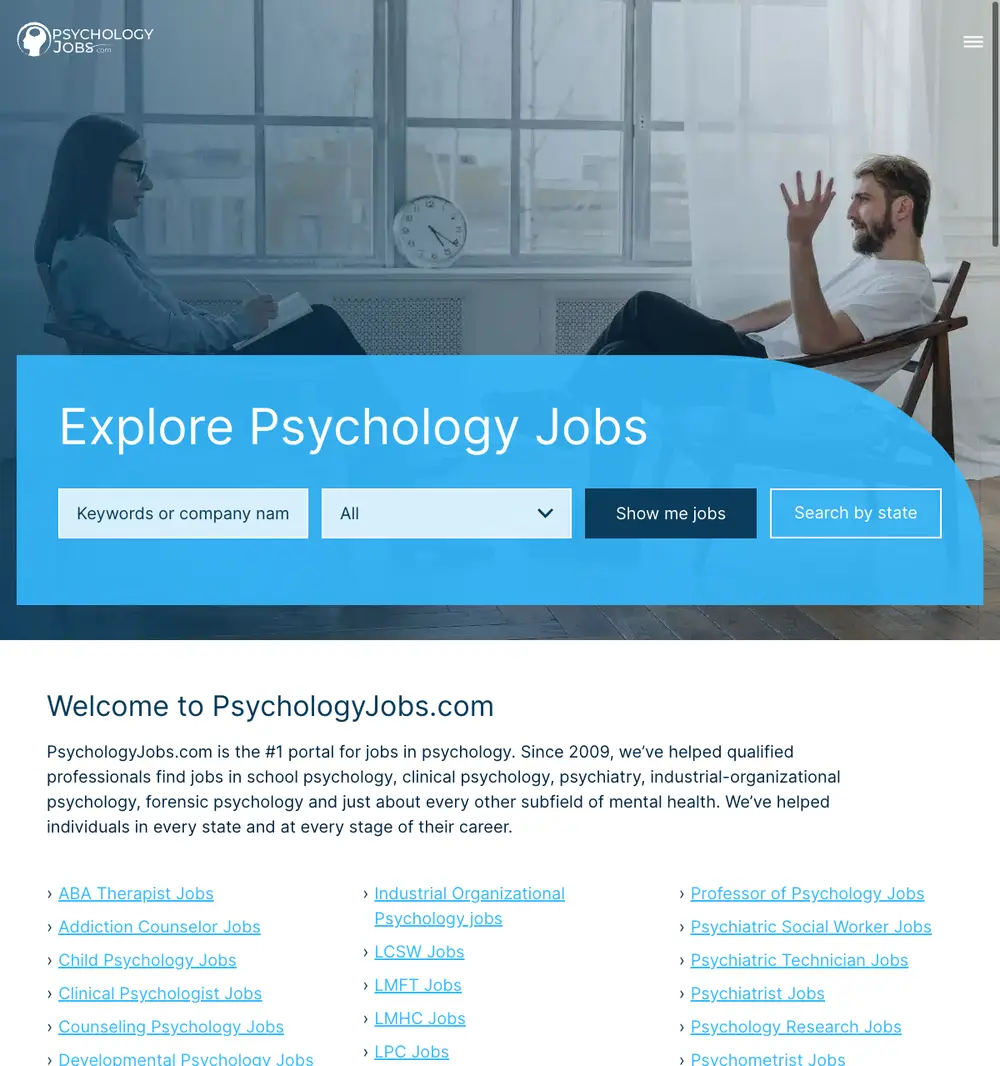 PsychologyJobs.com job board platform screenshot showing job search interface
