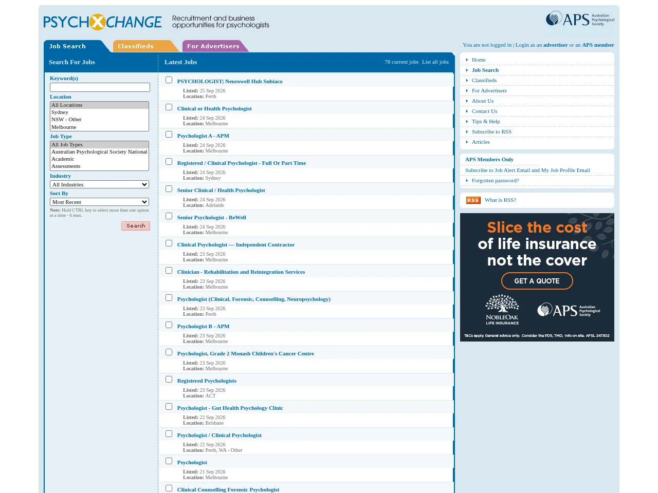 PsychXchange job board platform screenshot showing job search interface