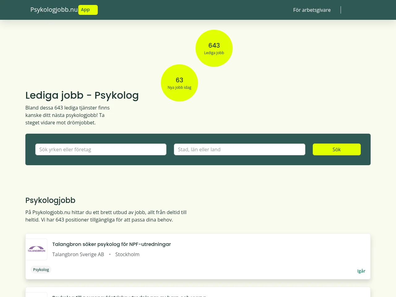 Psykologjobb.nu job board platform screenshot showing job search interface