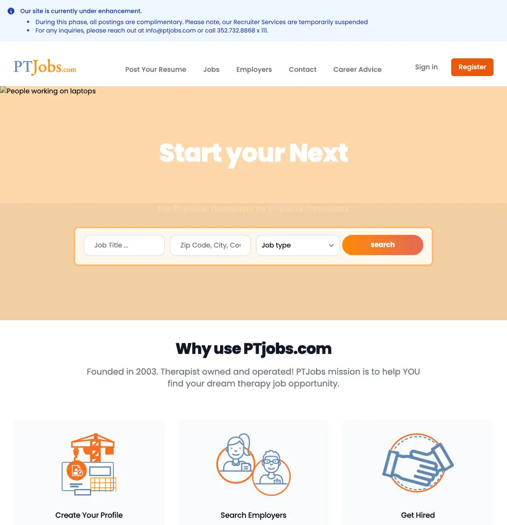 PT Jobs job board platform screenshot showing job search interface