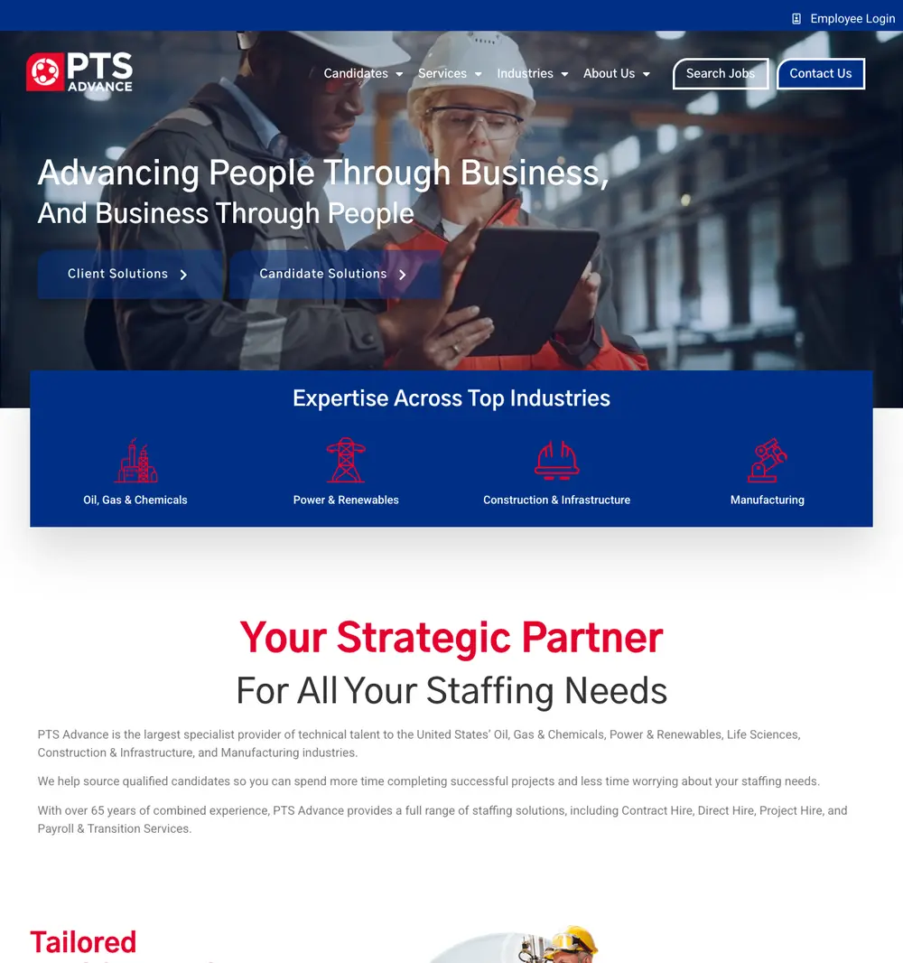 PTS Advance job board platform screenshot showing job search interface
