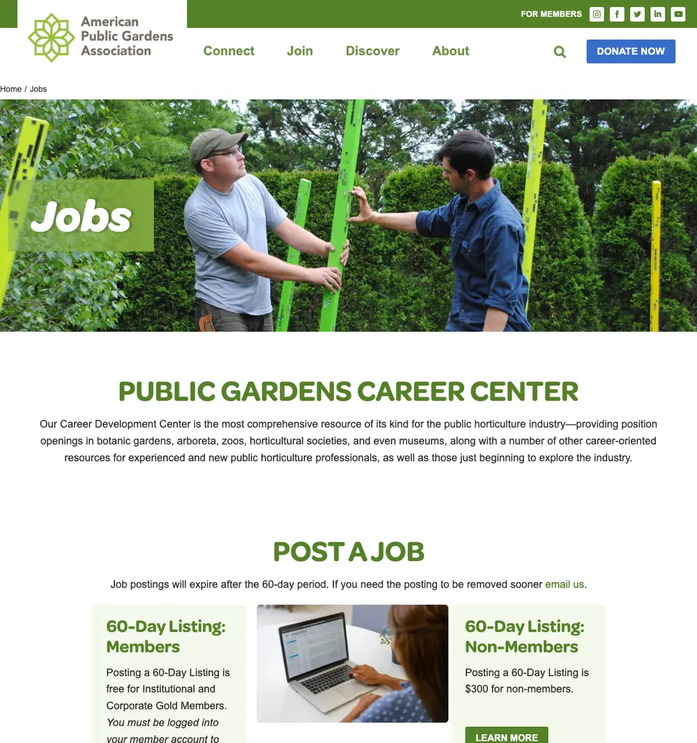 American Public Gardens Association job board platform screenshot showing job search interface
