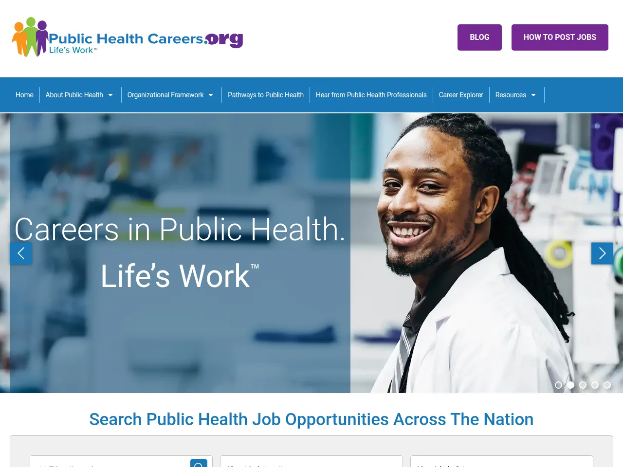 Public Health Careers.org job board platform screenshot showing job search interface