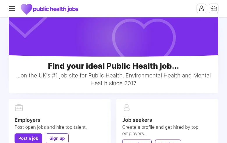 Public Health Jobs job board platform screenshot showing job search interface