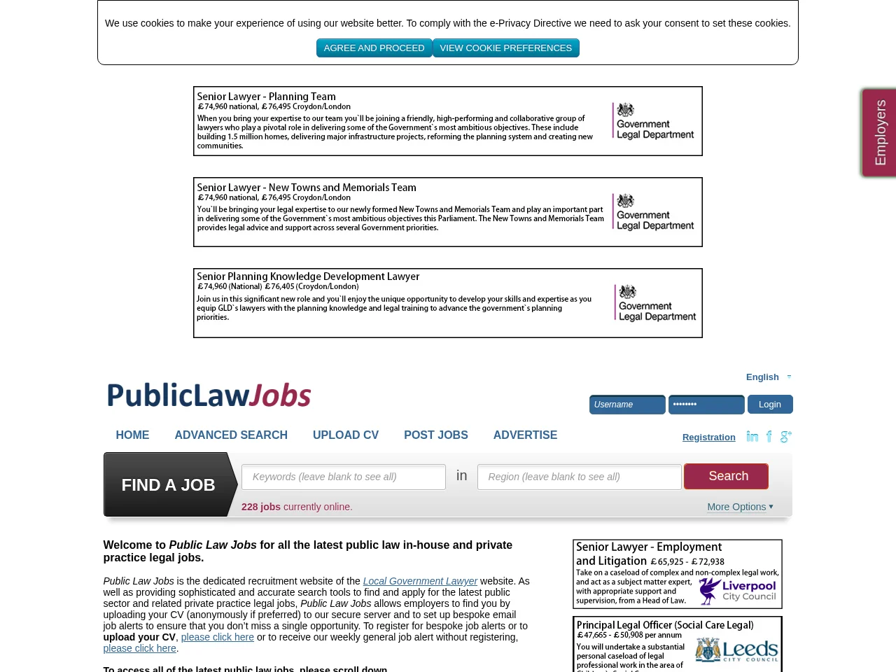Public Law Jobs job board platform screenshot showing job search interface