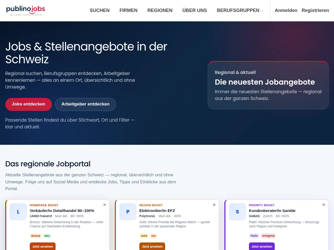 publinojobs.ch job board platform screenshot showing job search interface