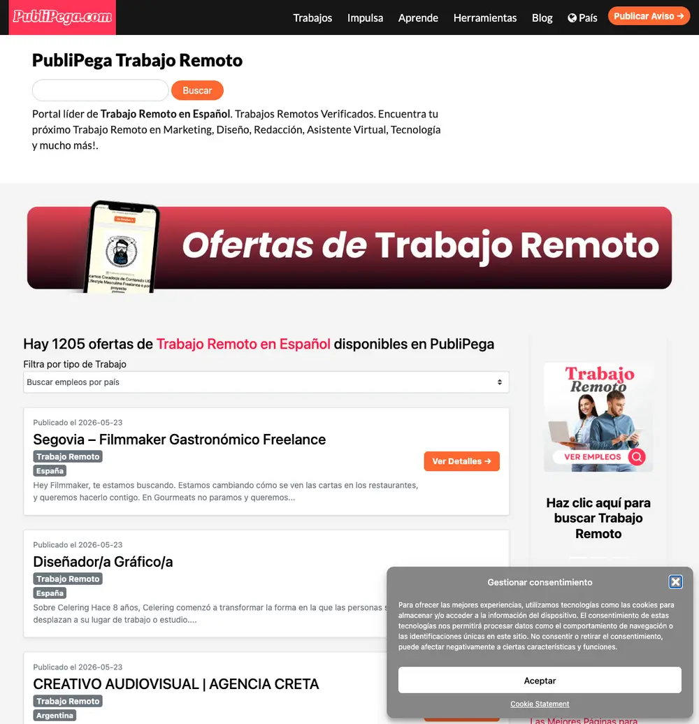 PubliPega job board platform screenshot showing job search interface