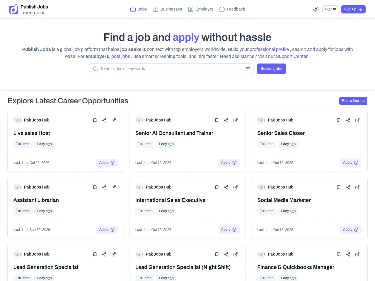 Publish Jobs job board platform screenshot showing job search interface