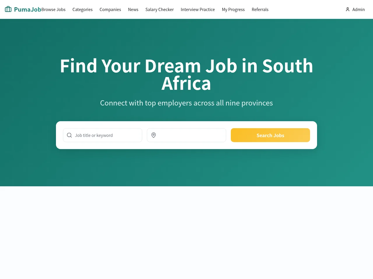 PumaJob.co.za job board platform screenshot showing job search interface
