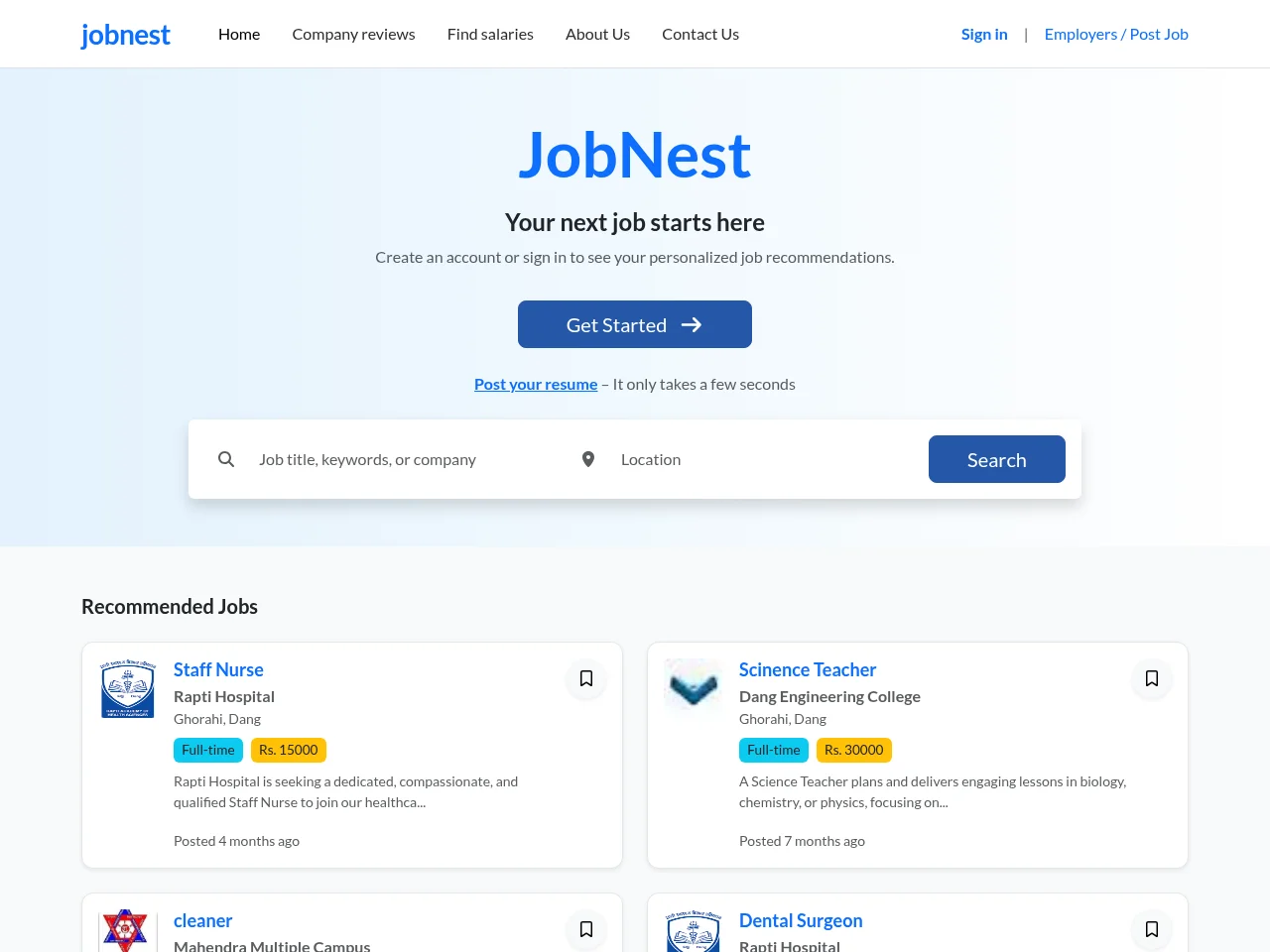 JobNest job board platform screenshot showing job search interface