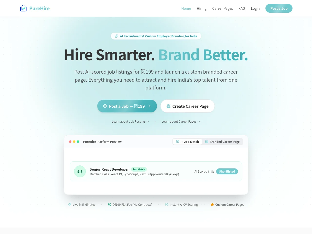 PureHire job board platform screenshot showing job search interface