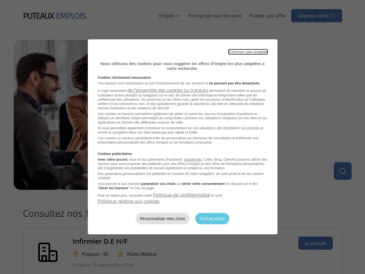 Puteaux Emplois job board platform screenshot showing job search interface