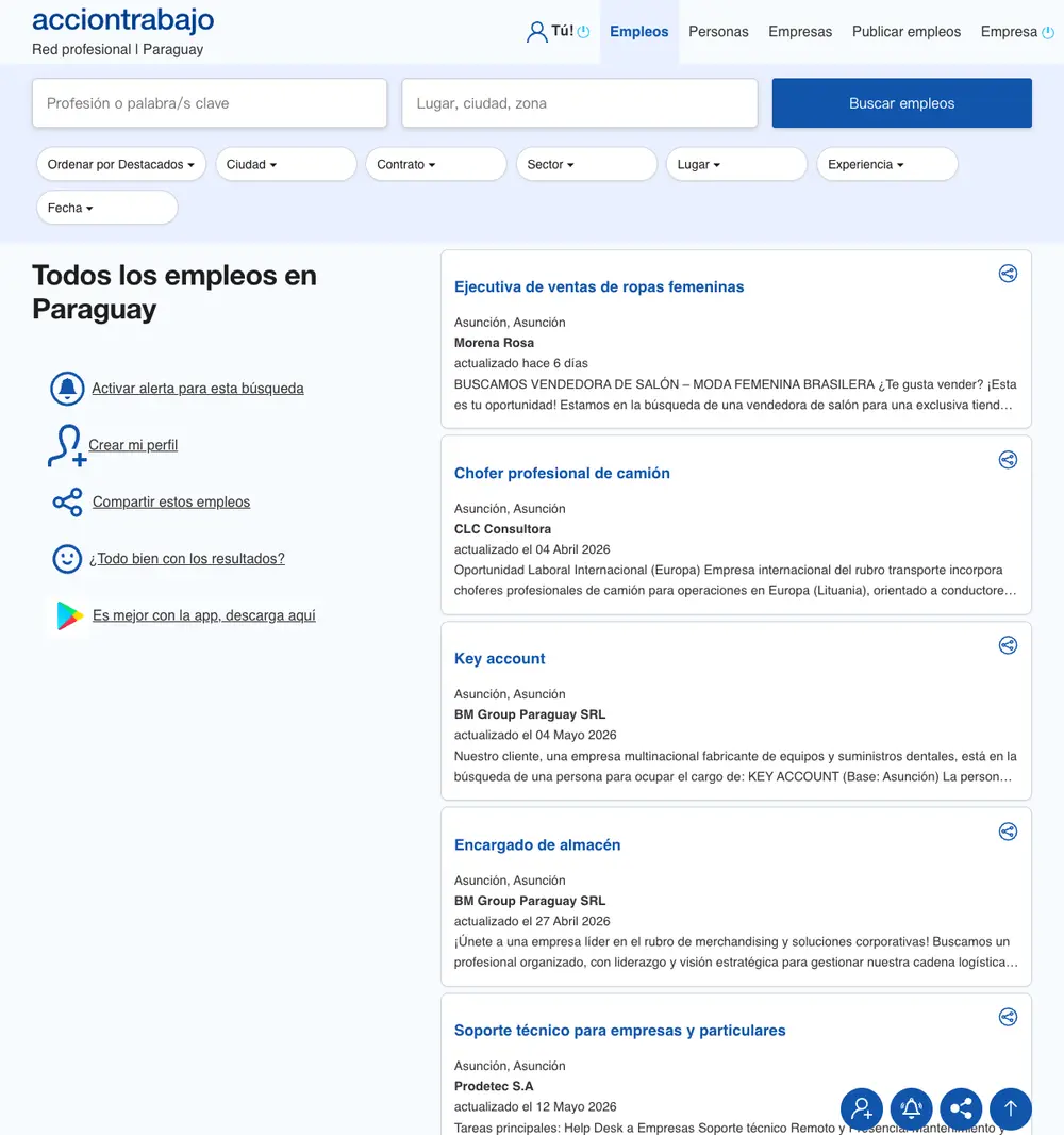 py.acciontrabajo.com job board platform screenshot showing job search interface