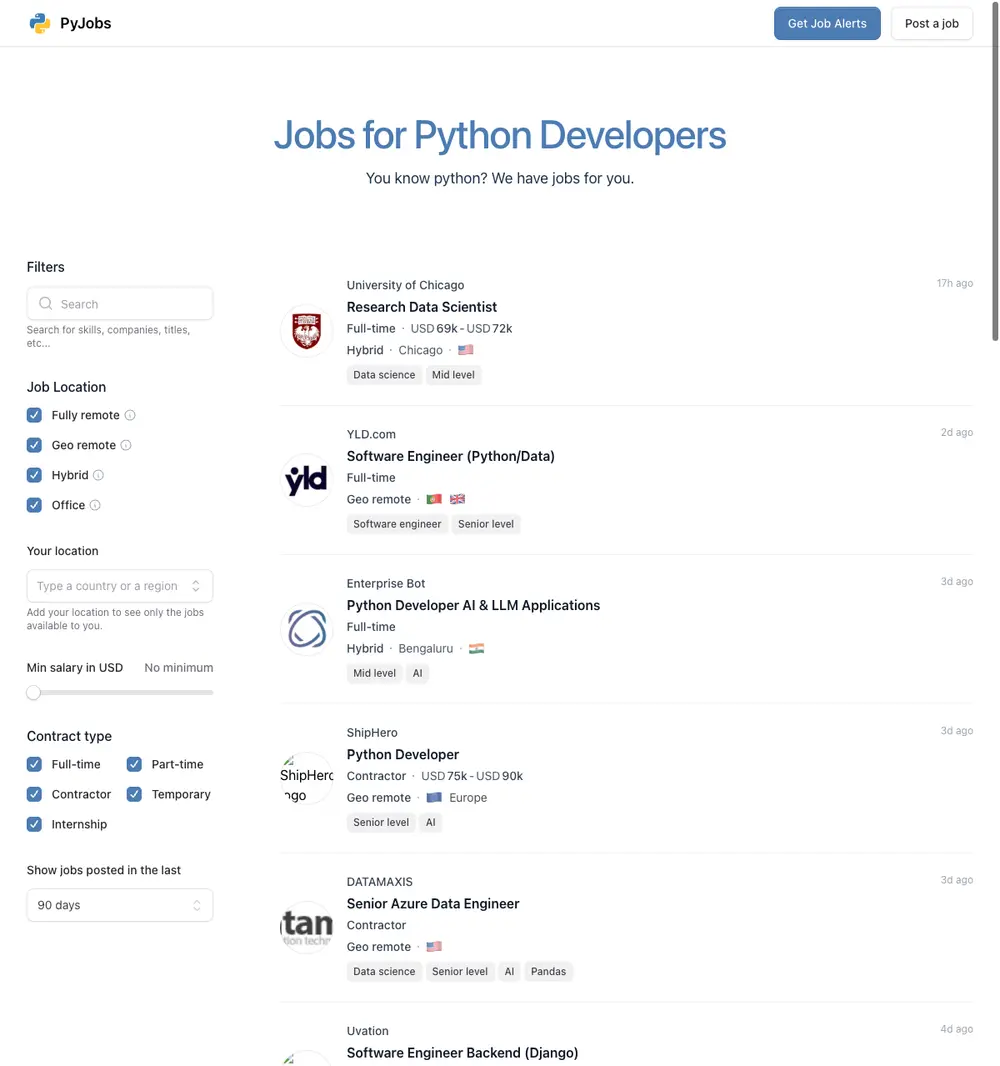 PyJobs job board platform screenshot showing job search interface