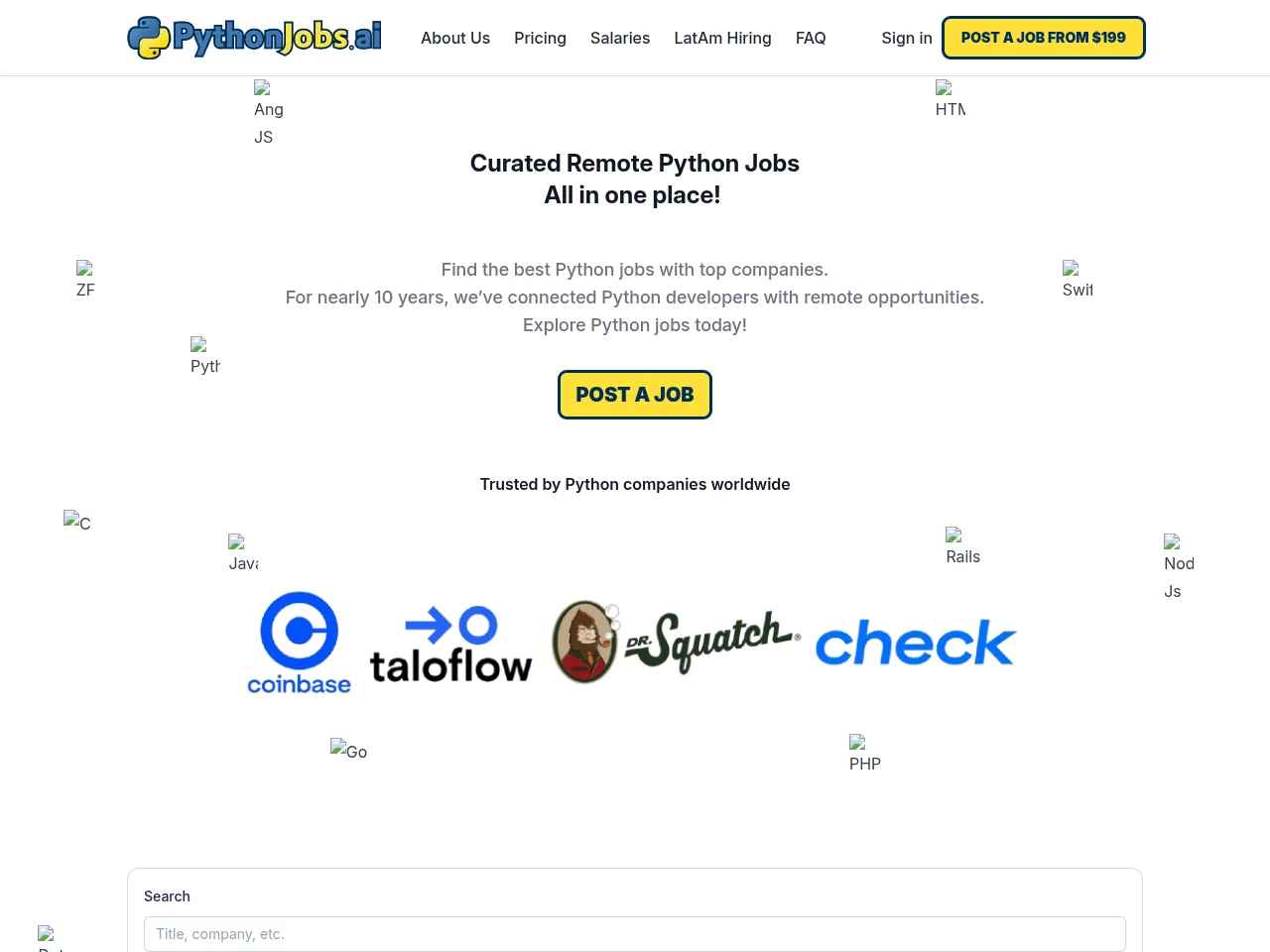 Python Jobs screenshot Python Jobs job board platform screenshot showing job search interface