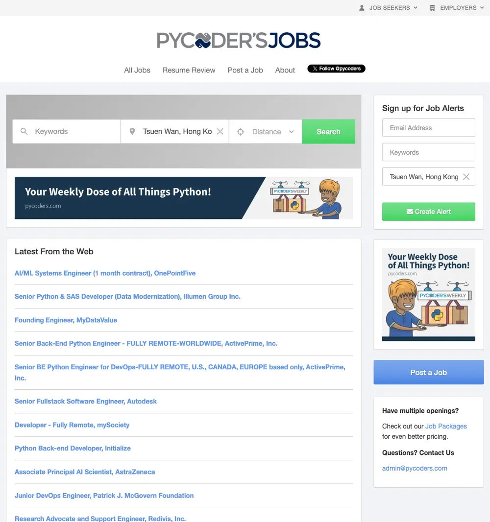 Python Jobs HQ job board platform screenshot showing job search interface