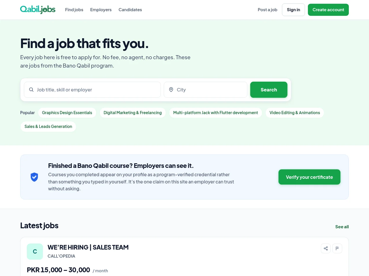 Bano Qabil Jobs job board platform screenshot showing job search interface