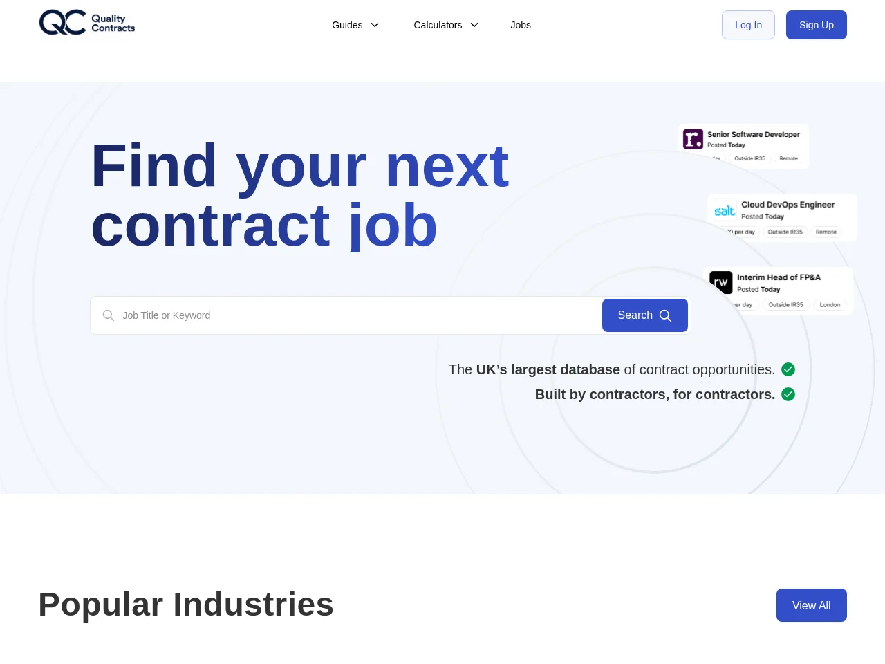 Quality Contracts job board platform screenshot showing job search interface