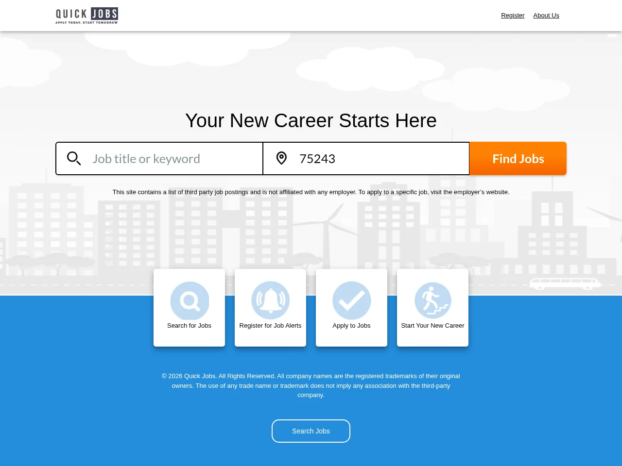 Quick Jobs job board platform screenshot showing job search interface
