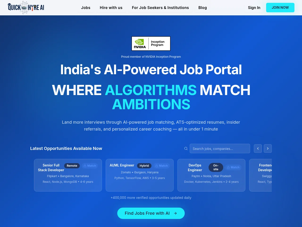 QuickHyre AI job board platform screenshot showing job search interface