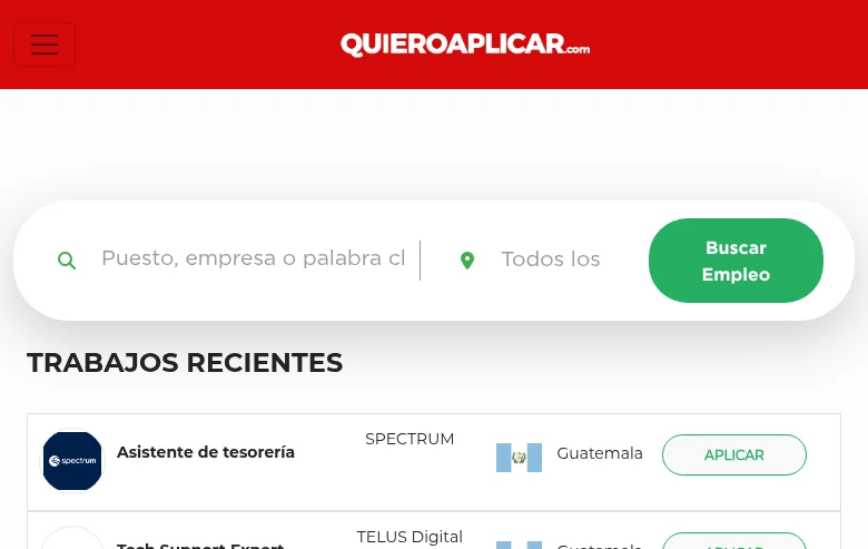 QuieroAplicar.com job board platform screenshot showing job search interface