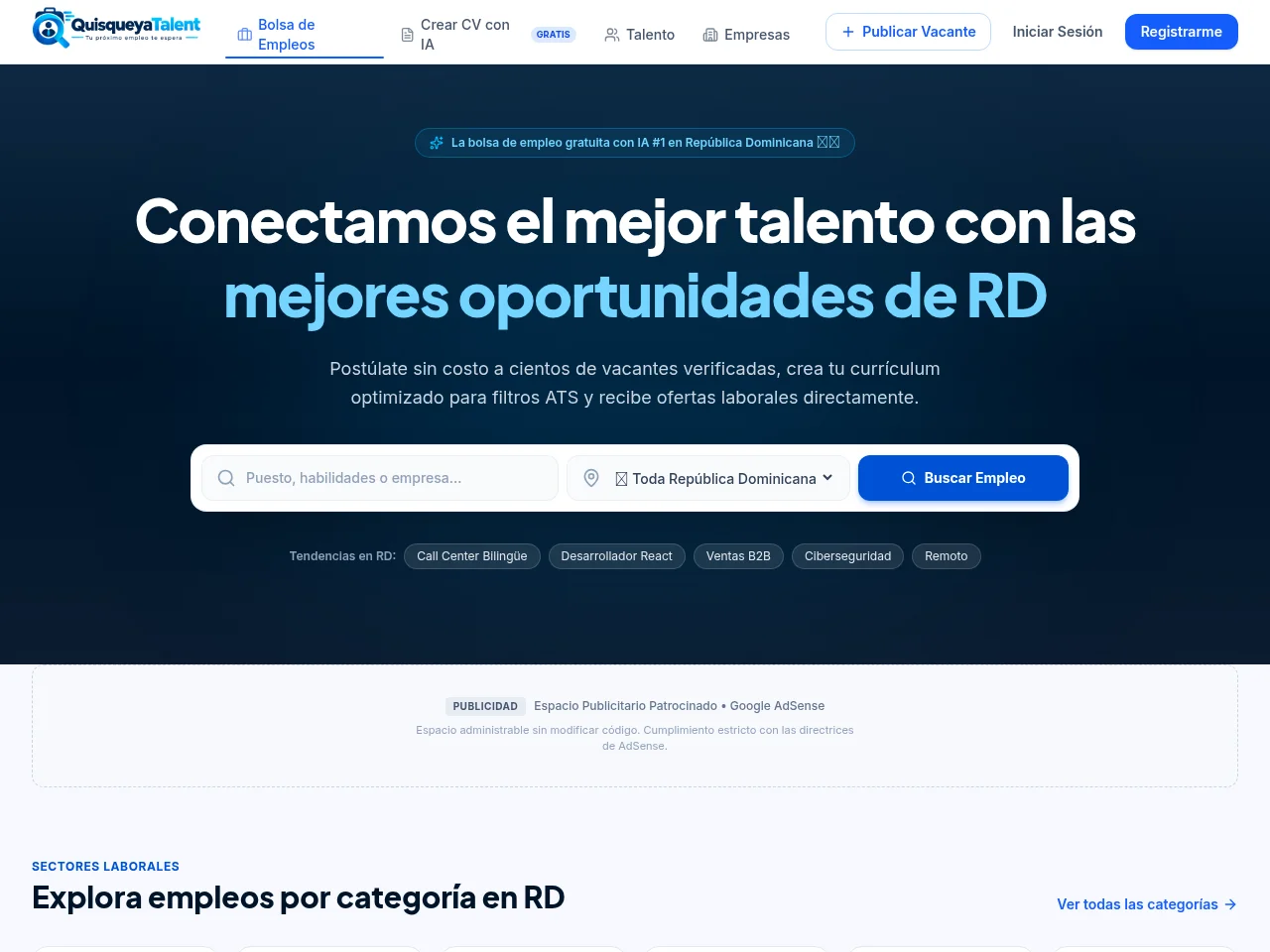 Quisqueya Talent job board platform screenshot showing job search interface
