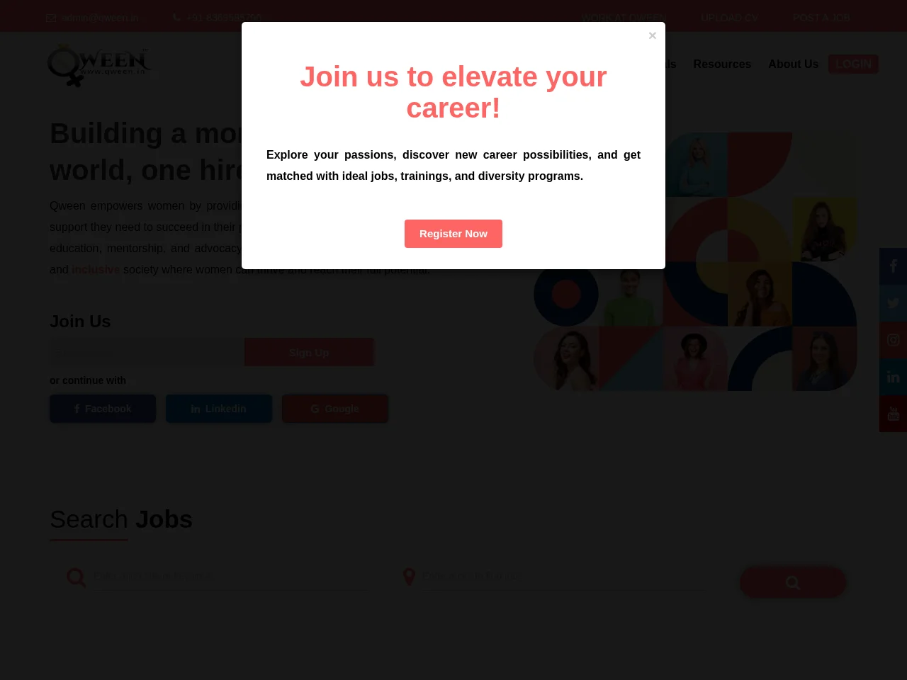 Qween job board platform screenshot showing job search interface