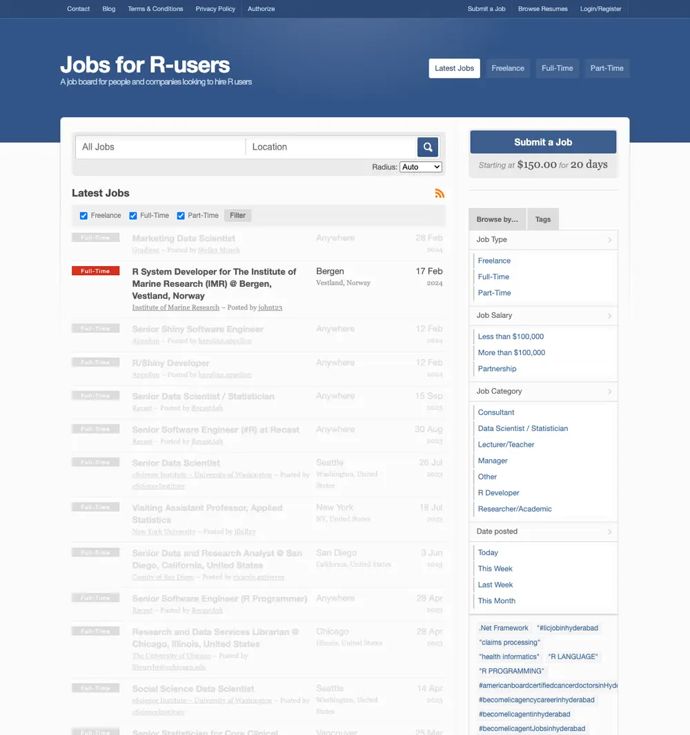 R-users.com job board platform screenshot showing job search interface