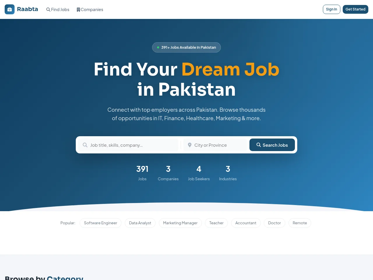 Raabta screenshot Raabta job board platform screenshot showing job search interface