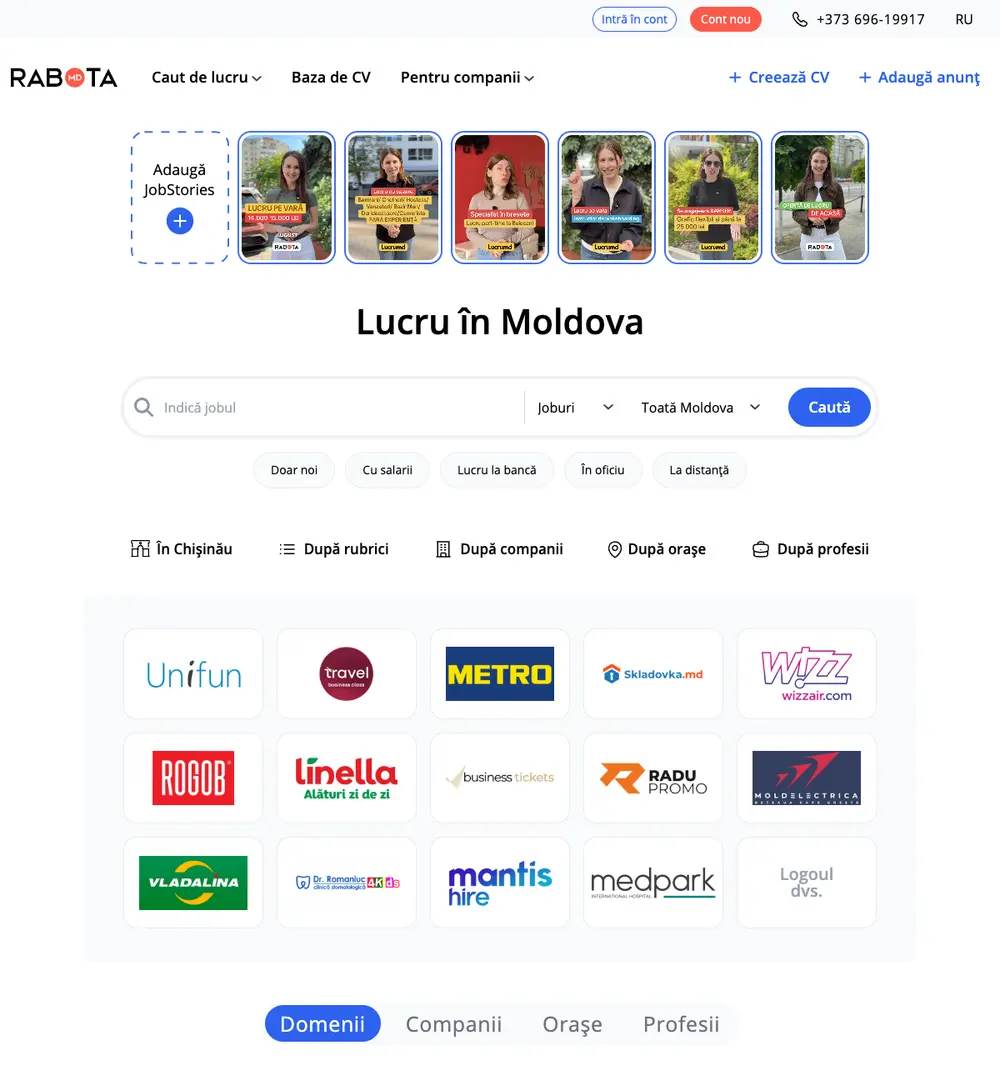 Rabota.md job board platform screenshot showing job search interface