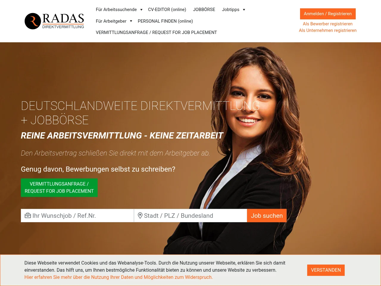 RADAS Arbeitsvermittlung und Jobbörse job board platform screenshot showing job search interface