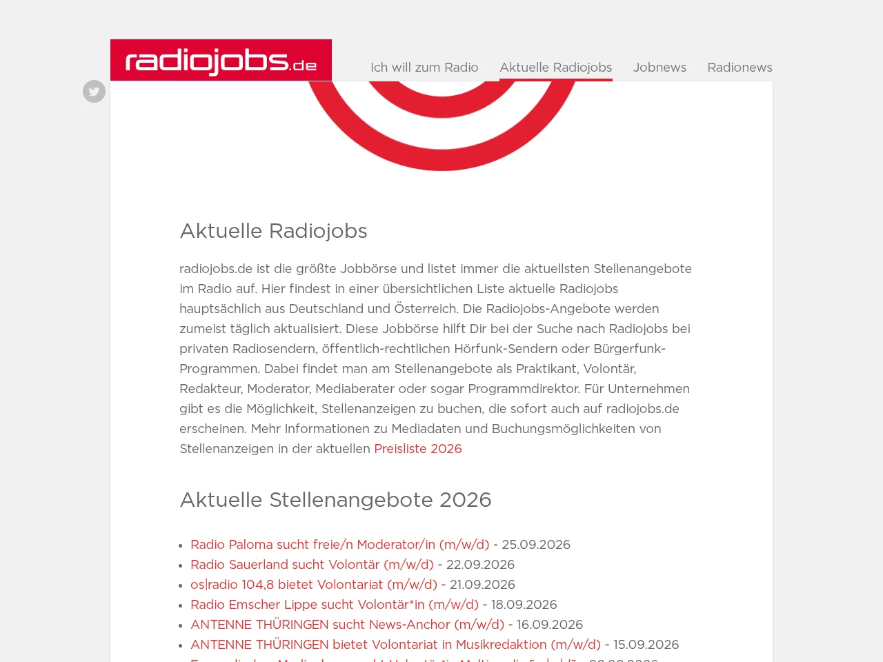 RADIOJOBS job board platform screenshot showing job search interface