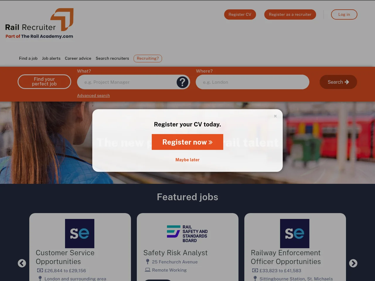 Rail Recruiter job board platform screenshot showing job search interface