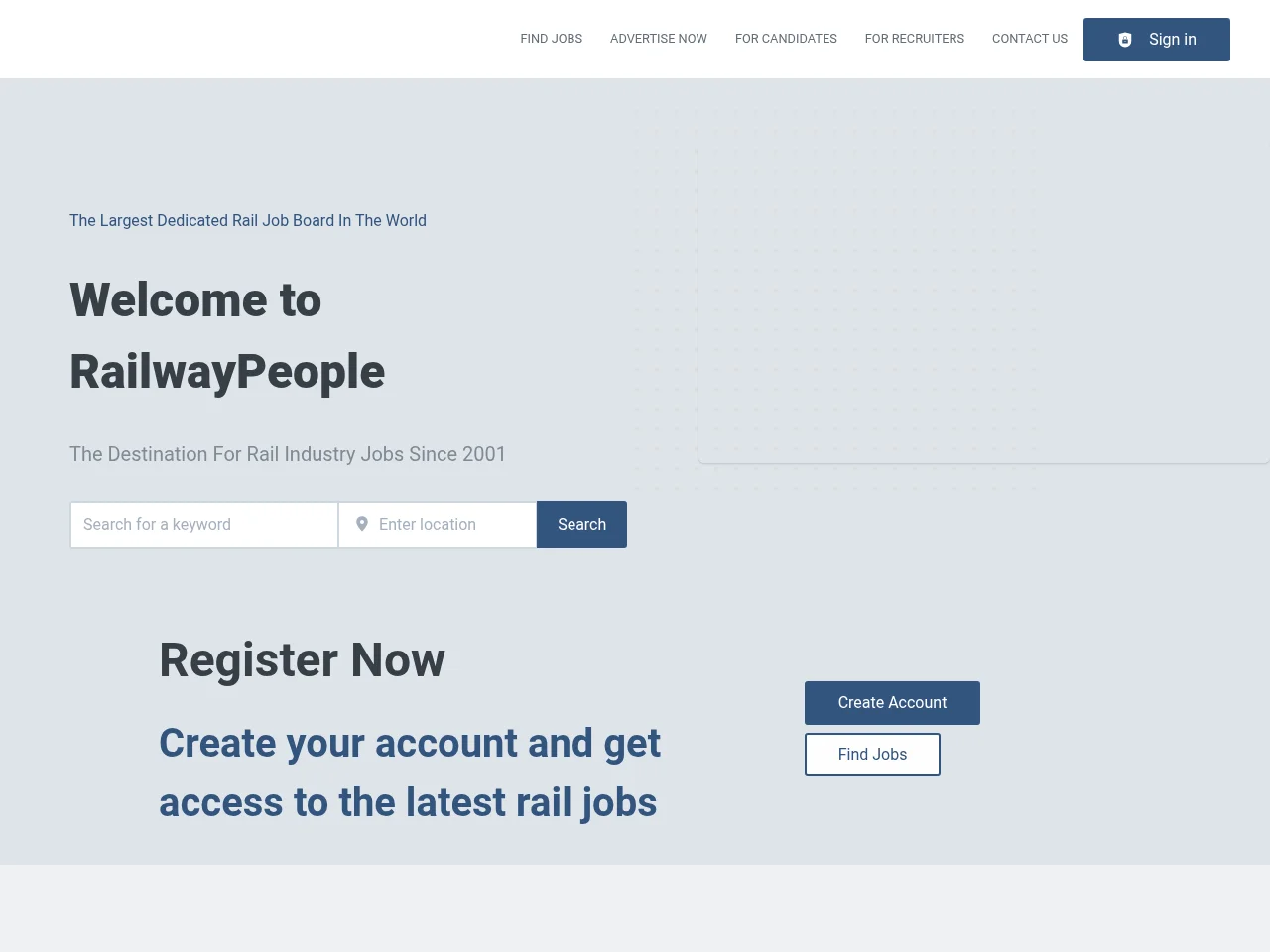 RailwayPeople job board platform screenshot showing job search interface