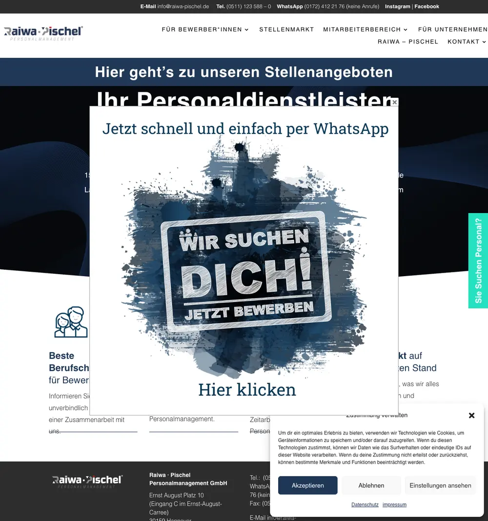 Raiwa Personalmanagement job board platform screenshot showing job search interface