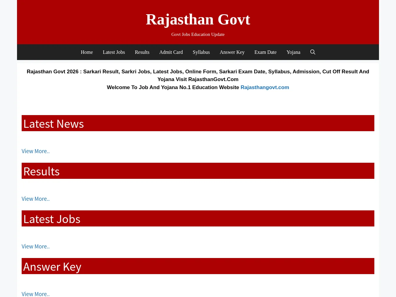 RajasthanGovt.com job board platform screenshot showing job search interface