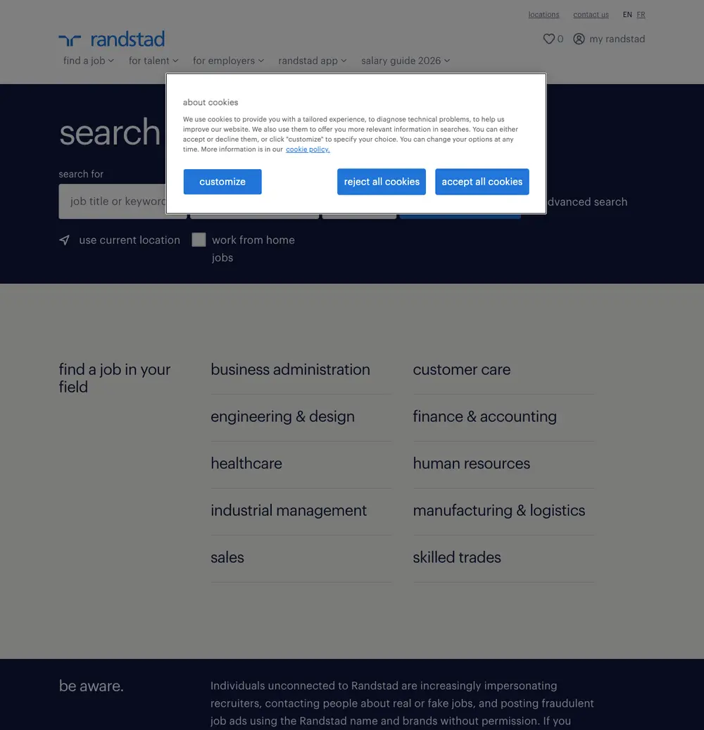 Randstad Canada job board platform screenshot showing job search interface