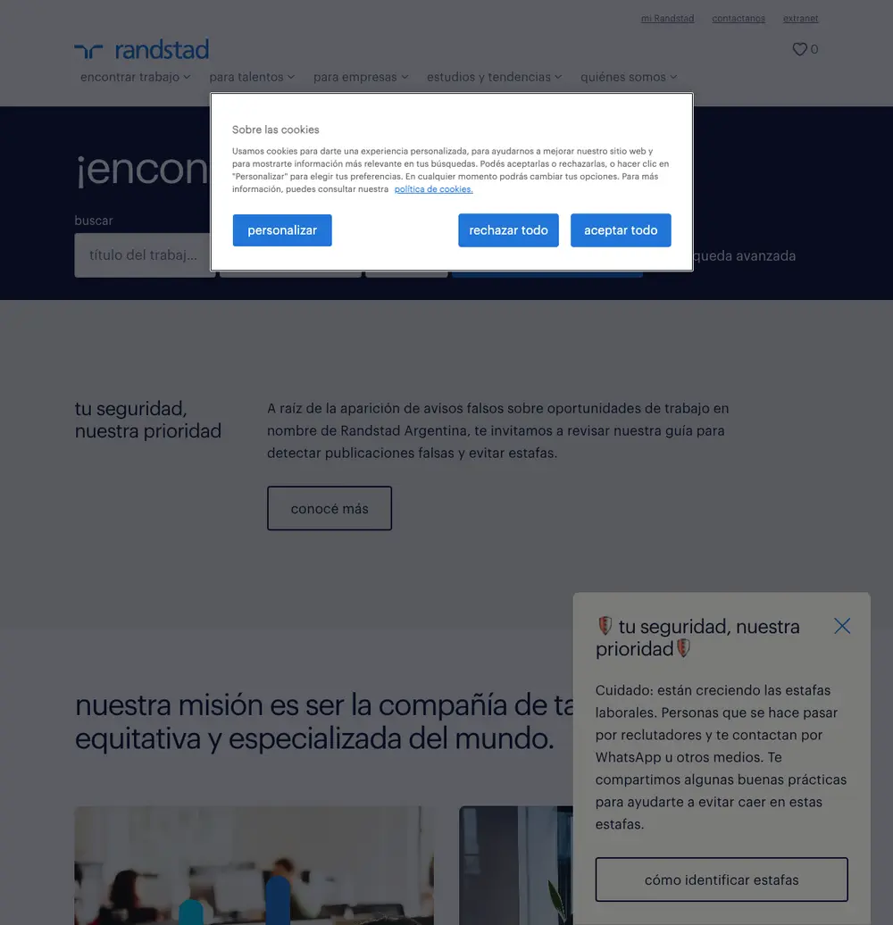 Randstad Argentina job board platform screenshot showing job search interface