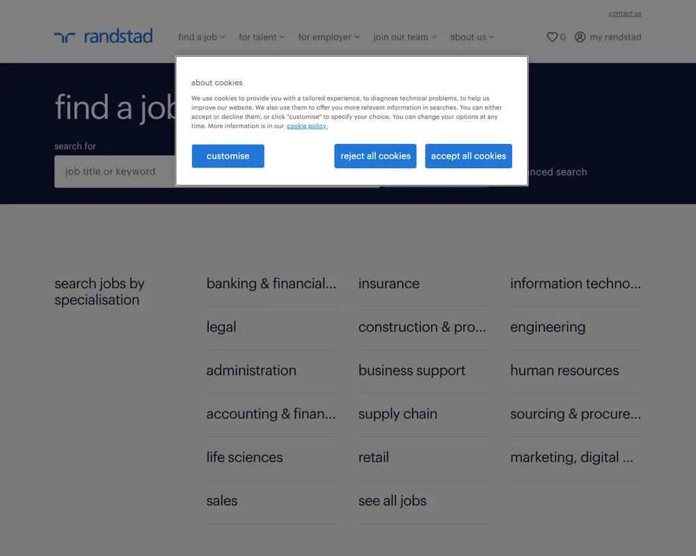 Randstad Hong Kong job board platform screenshot showing job search interface